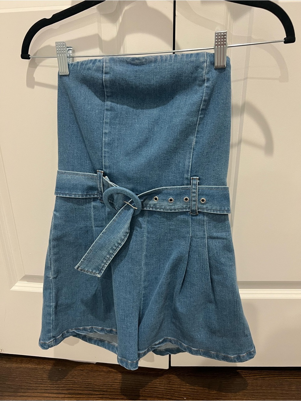 Smocked Strapless Denim Mini romper by OLIVACEO